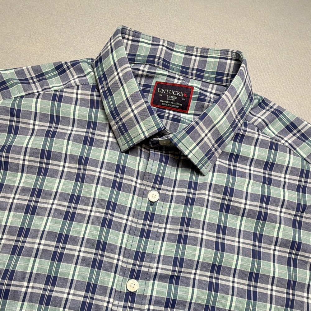 UNTUCKit Henderson Button Down Men L Slim Plaid Blue/Green Short Sleeve